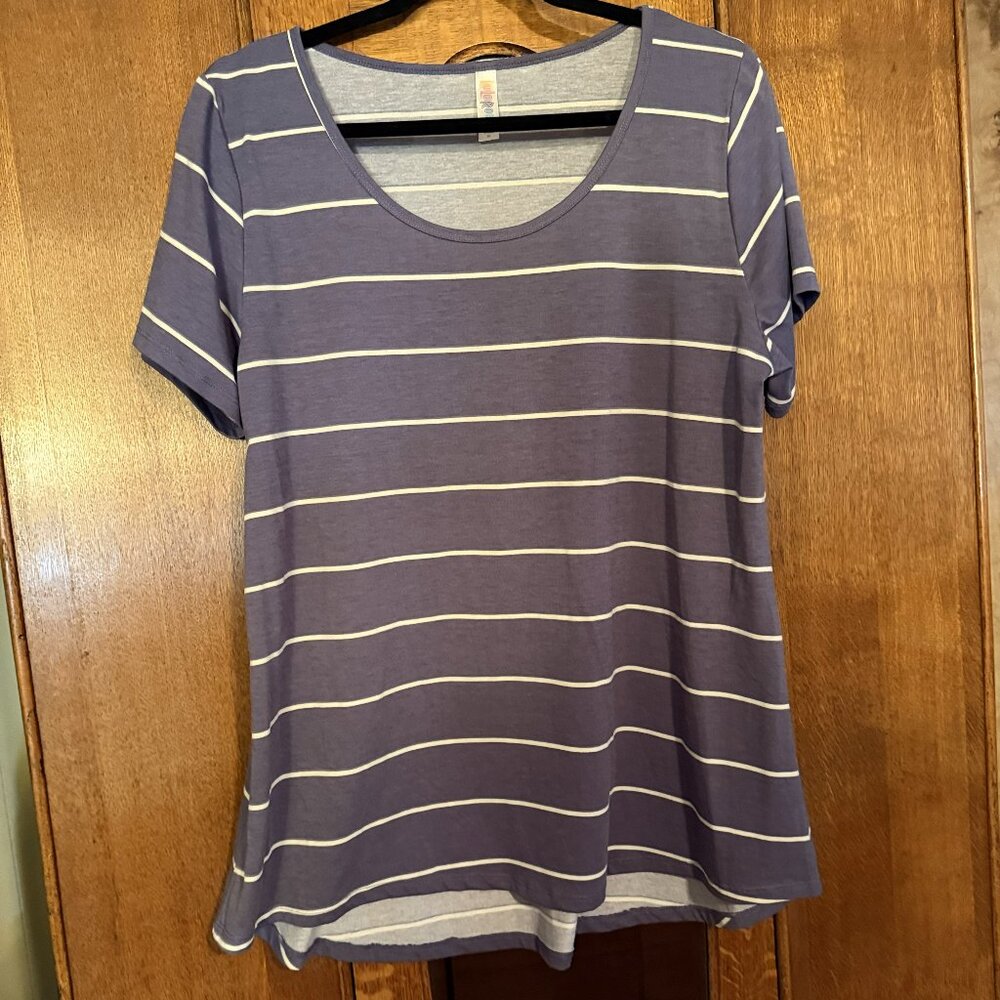 LuLaRoe Classic T, XL, Purple with thin white horizontal stripes